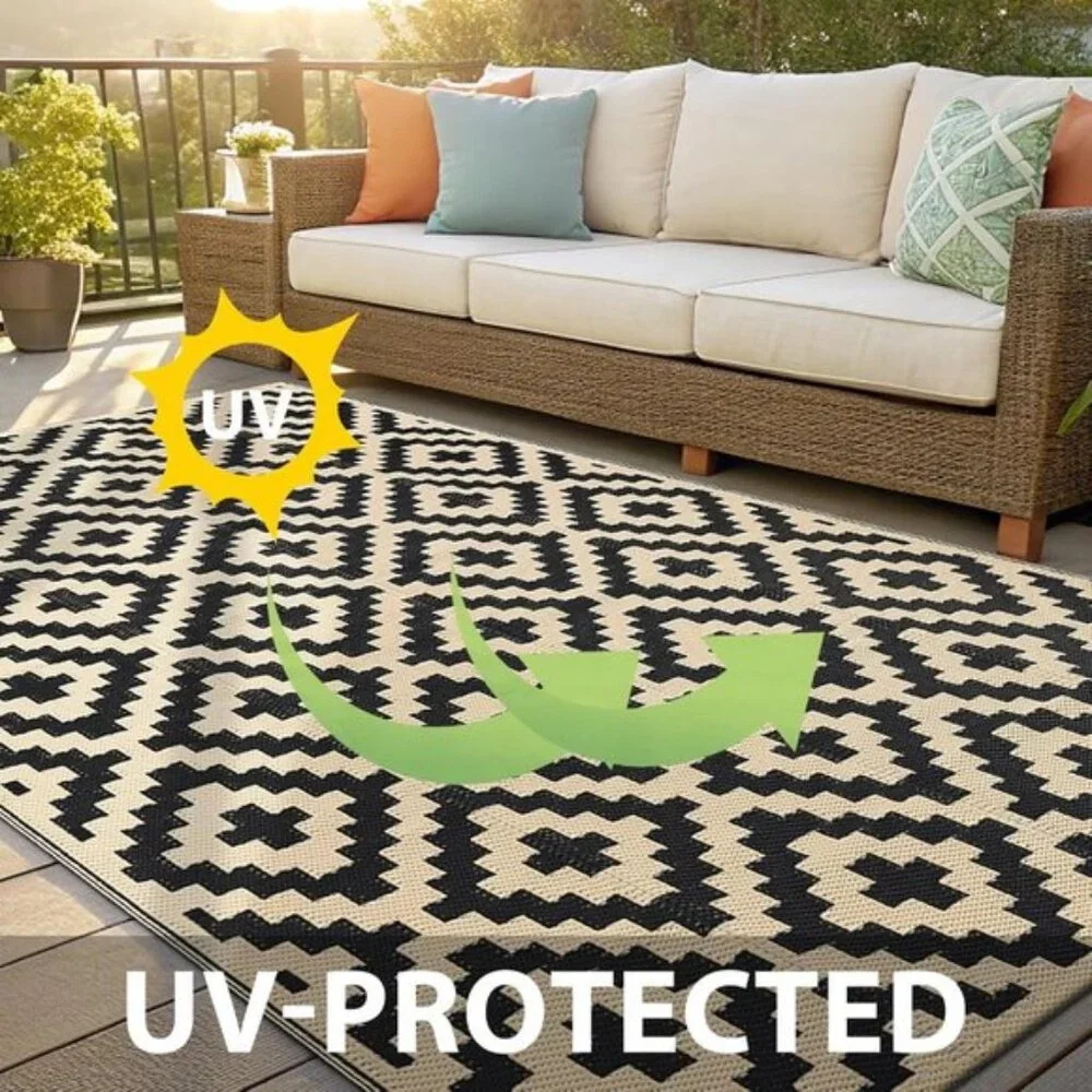 Waterproof 5x8 Outdoor Rug, Reversible Plastic Straw Patio RV Mat, Black/Beige